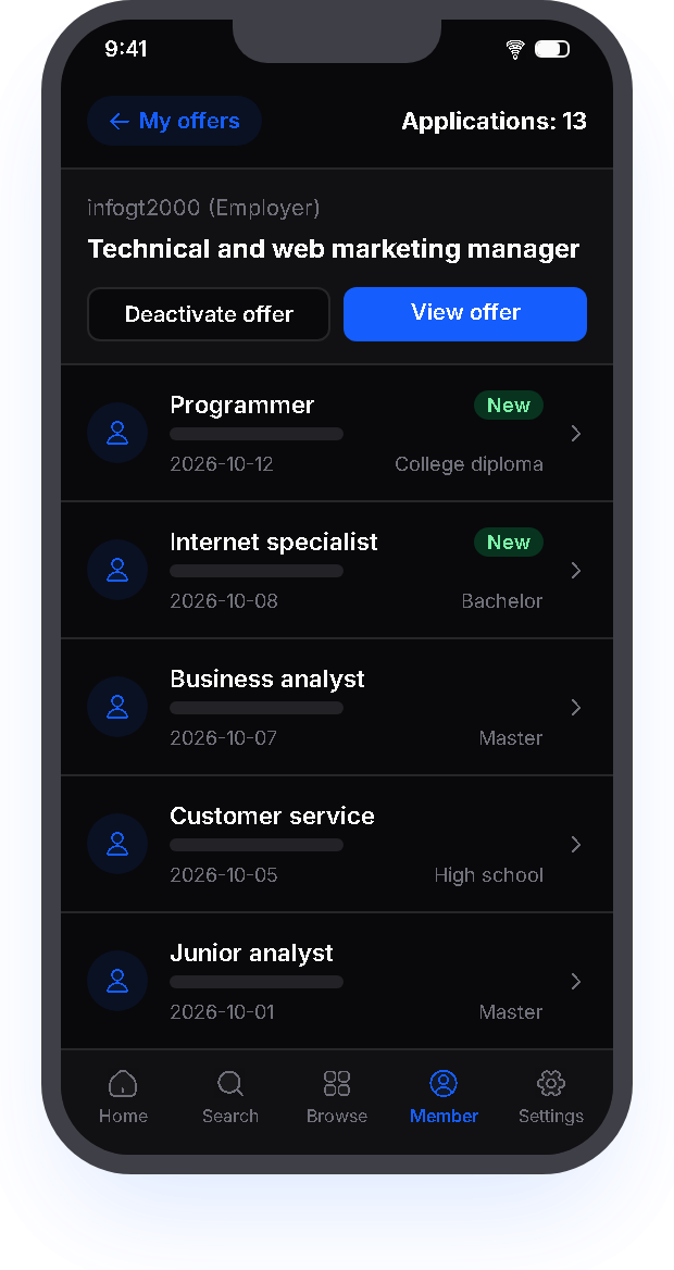 Preview of the mobile job applications app