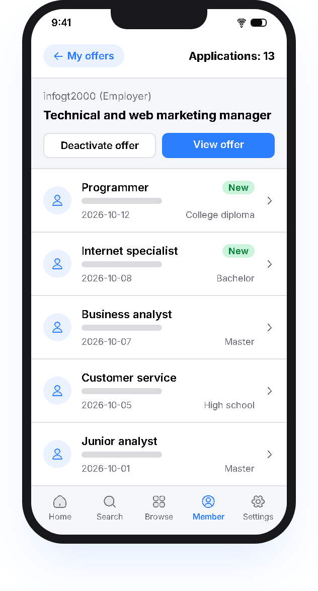 Preview of the mobile job applications app