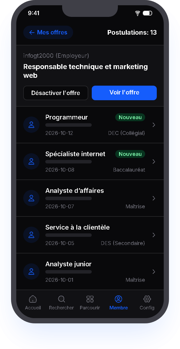Aperçu de l'application mobile de gestion des candidatures