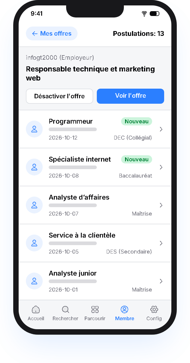 Aperçu de l'application mobile de gestion des candidatures